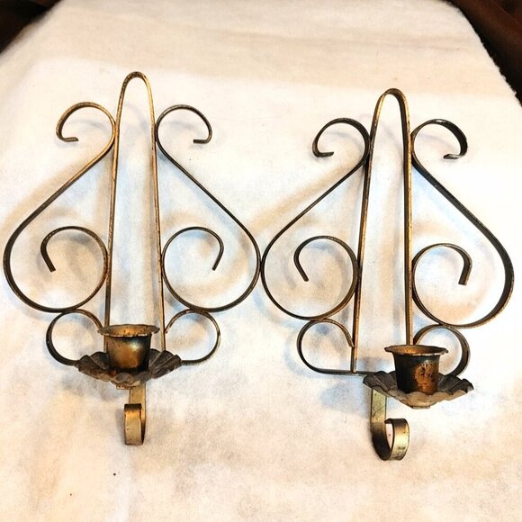 Gold Tone Wrought Iron Wall Candle Sconces - Set of 2 - Picture 1 of 5